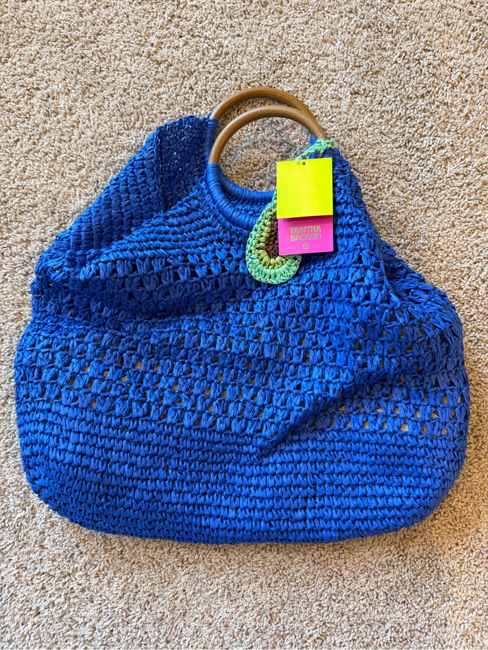 Blue Crochet Tote with Wooden Handles by Tabitha Simmons